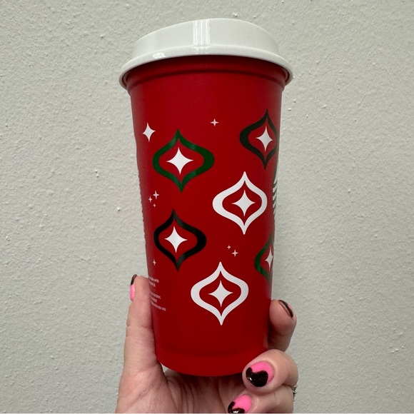 New Starbucks 2023 Red Reusable Star Print Cup Day Grande Hot Cup with Lid 16 Oz - Picture 6 of 9
